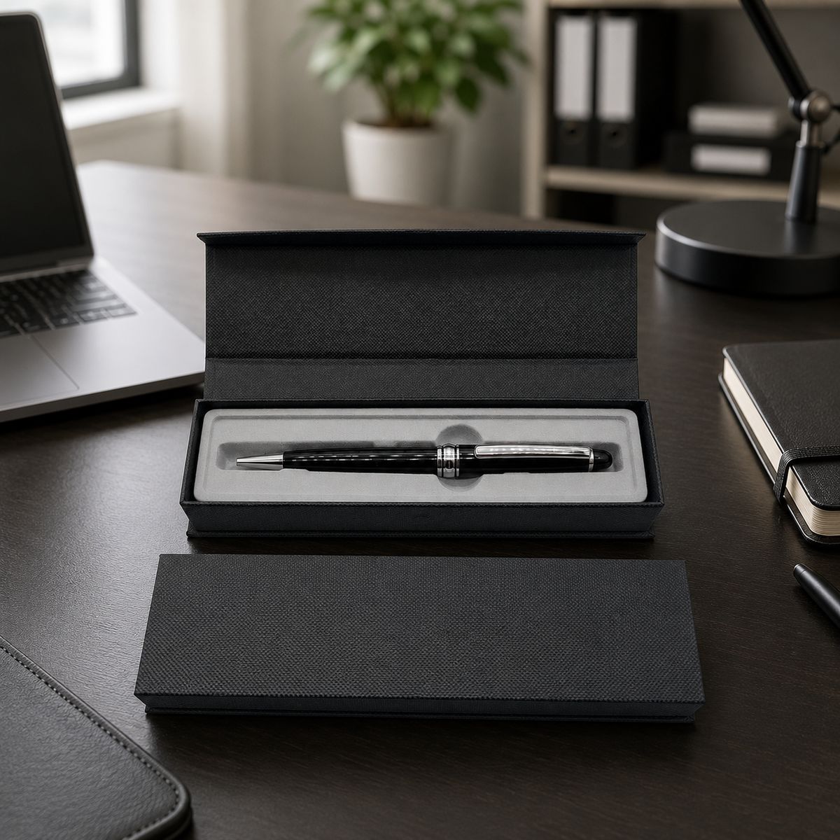 Black pen presentation box with clear window insert and pen