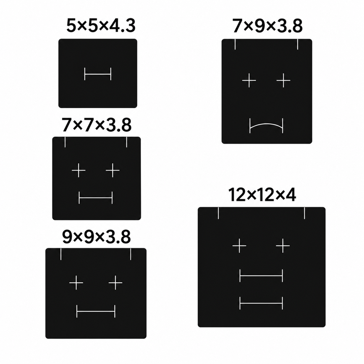 Insert slot layouts for the five drawer jewelry box sizes