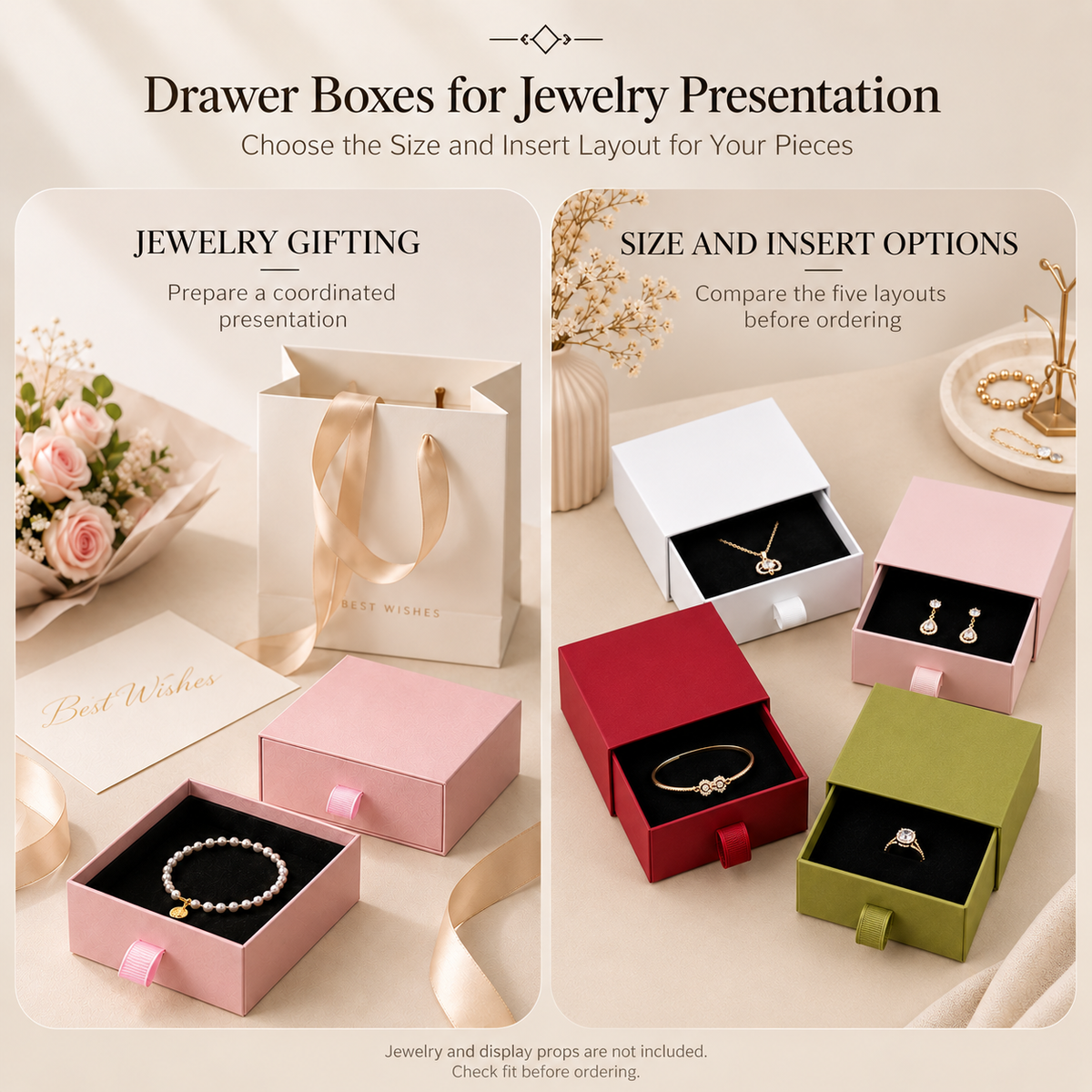 Drawer jewelry boxes shown with jewelry for presentation; jewelry and display props are not included