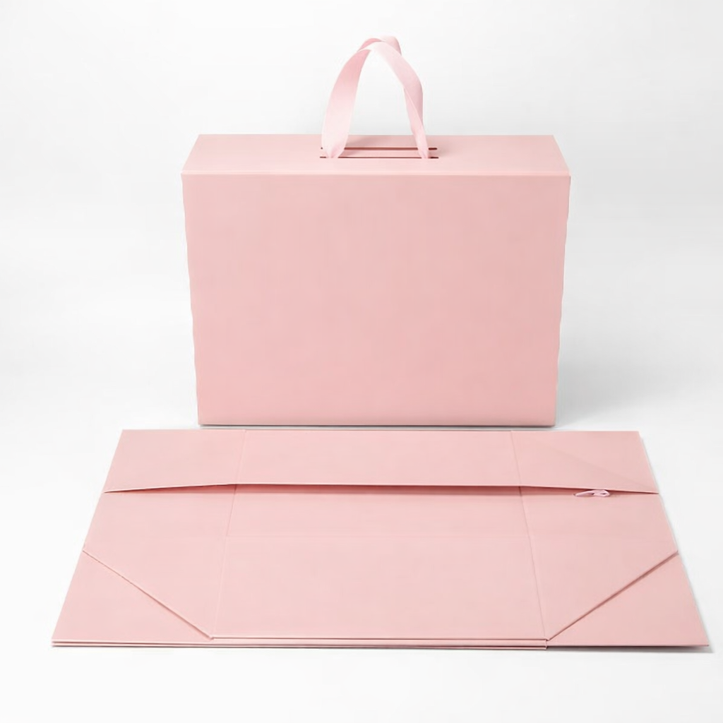 Pink folding gift box with handle shown assembled and flat