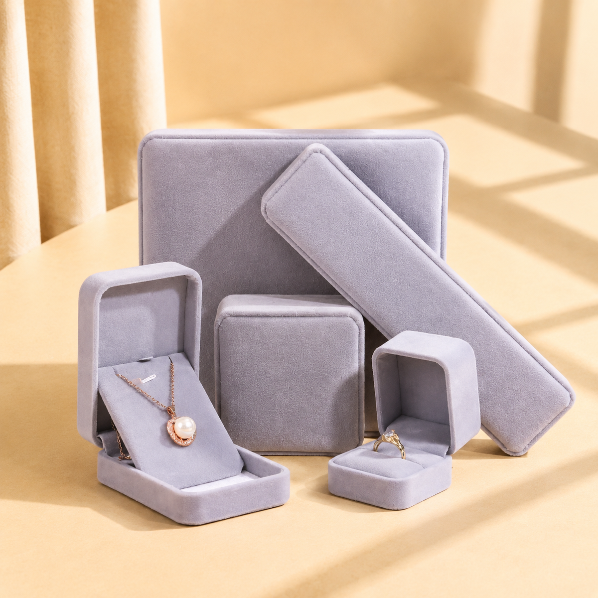 Gray velvet jewelry gift box set for rings necklaces and bracelets