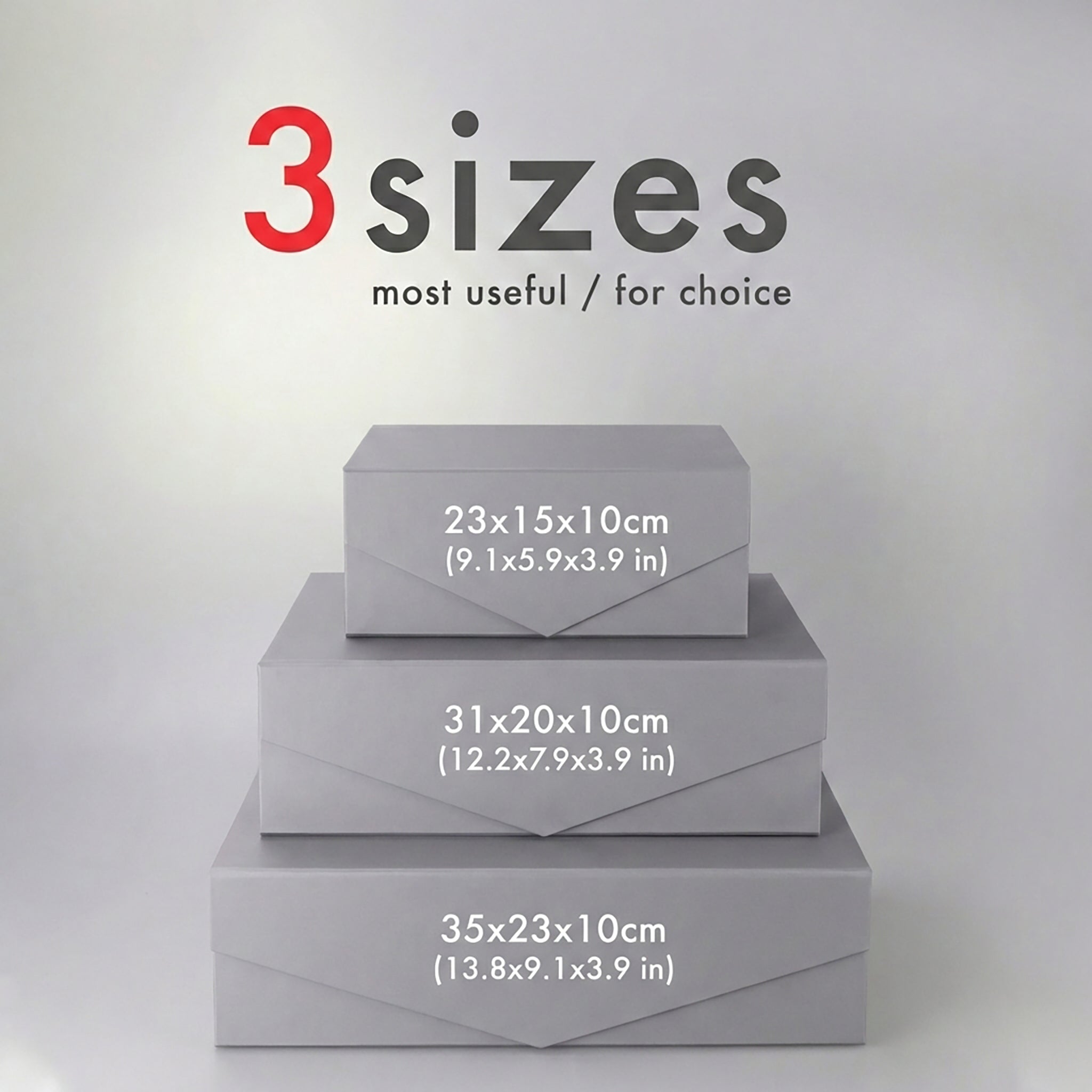Three-size magnetic folding gift box comparison graphic