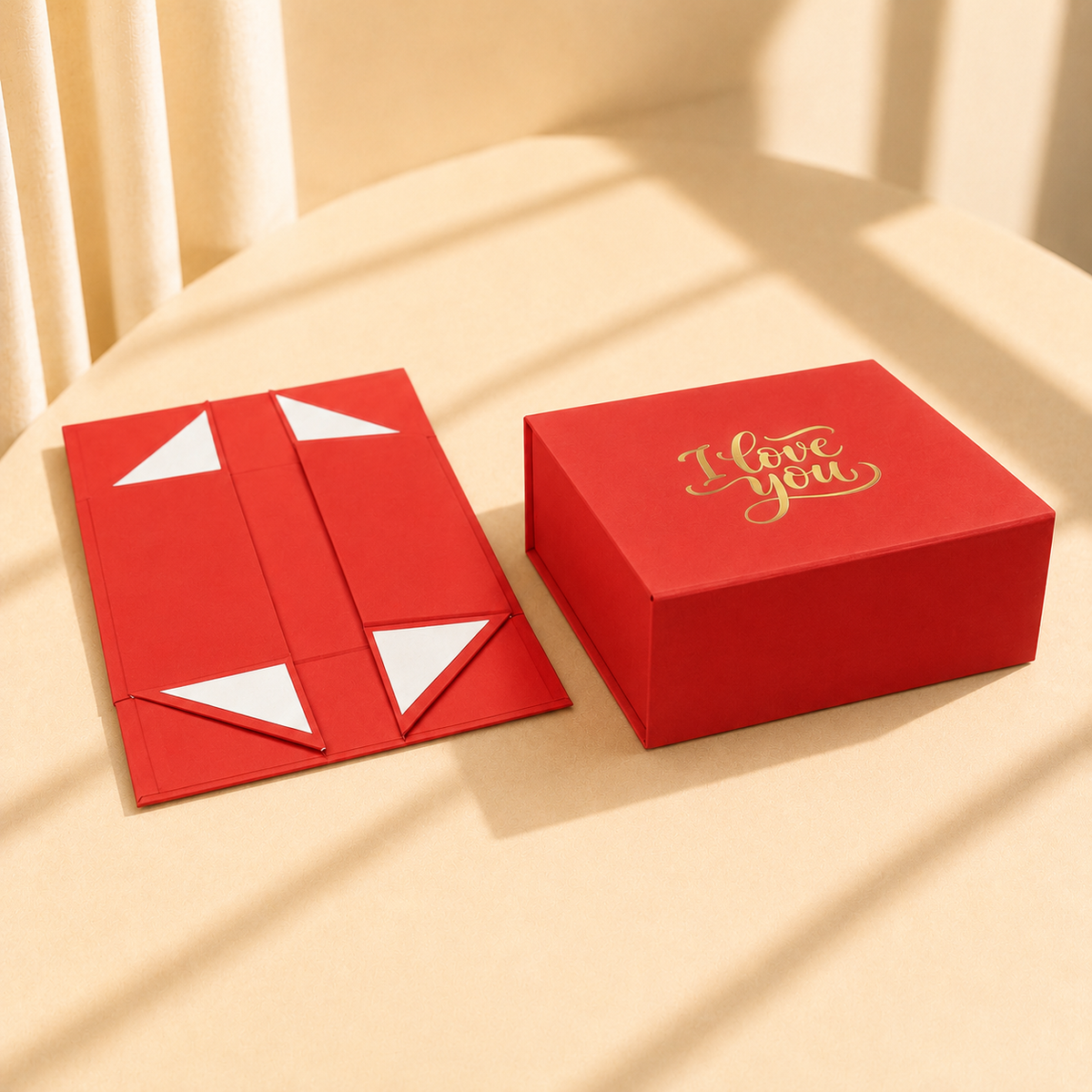 Red collapsible magnetic gift box with custom love logo