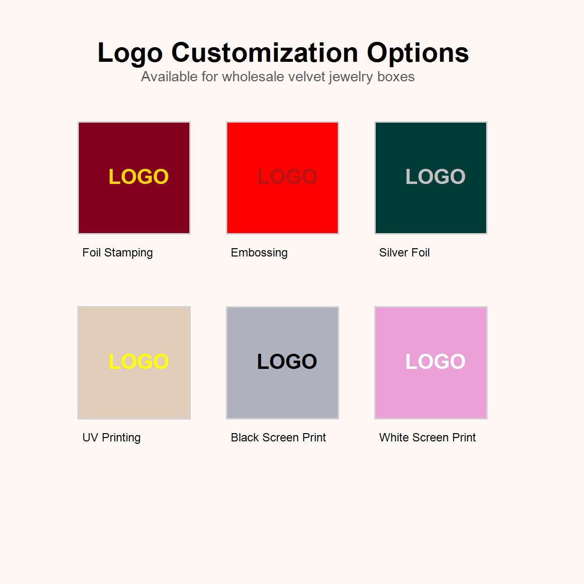 Logo finish options chart for velvet jewelry boxes