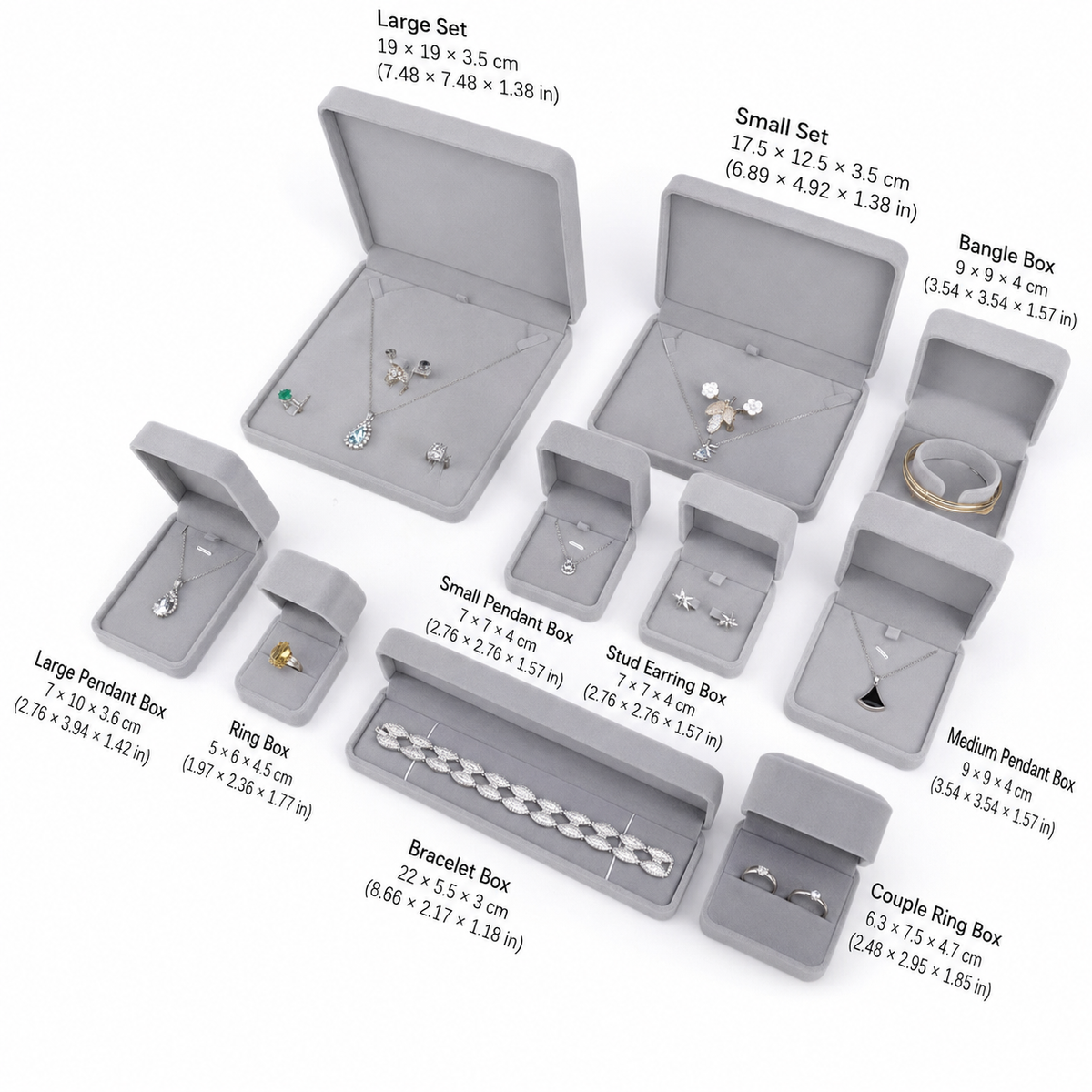Velvet jewelry box set with size labels