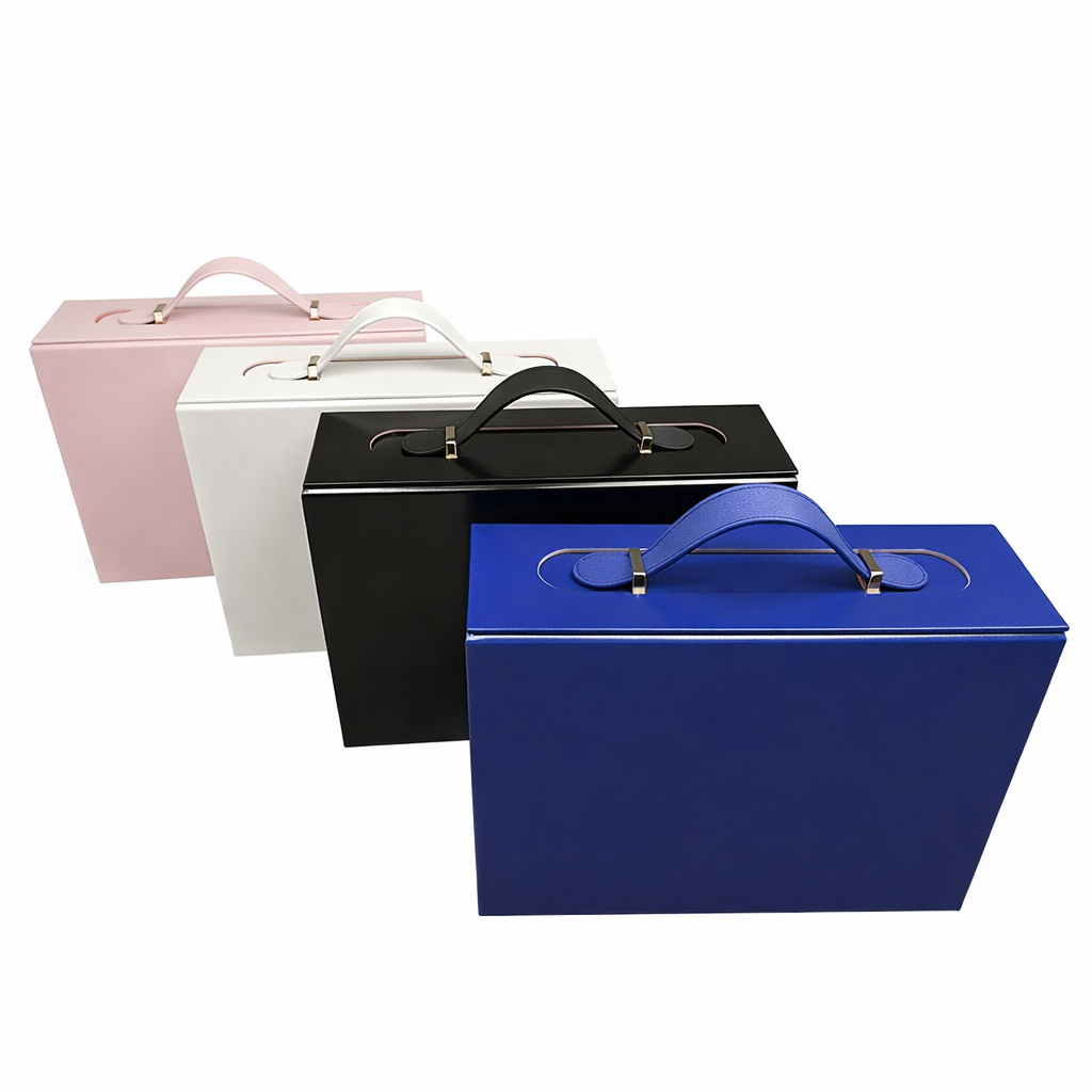 Black foldable rigid gift box with a white printed logo