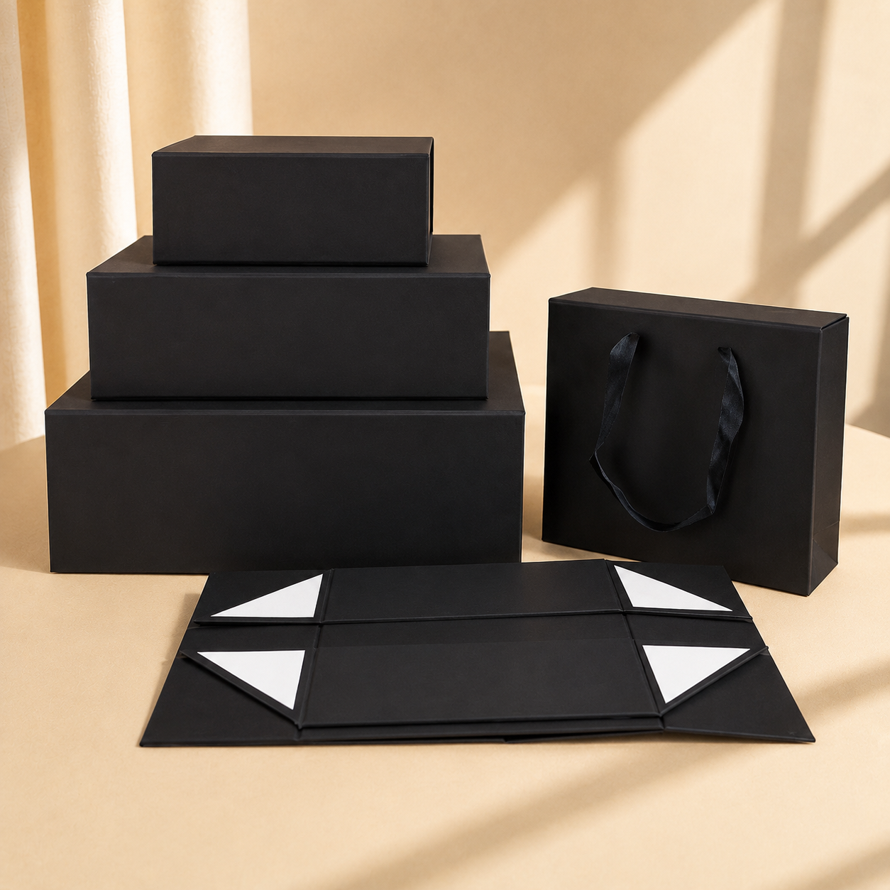 Black foldable rigid gift boxes shown assembled with flat-pack panels