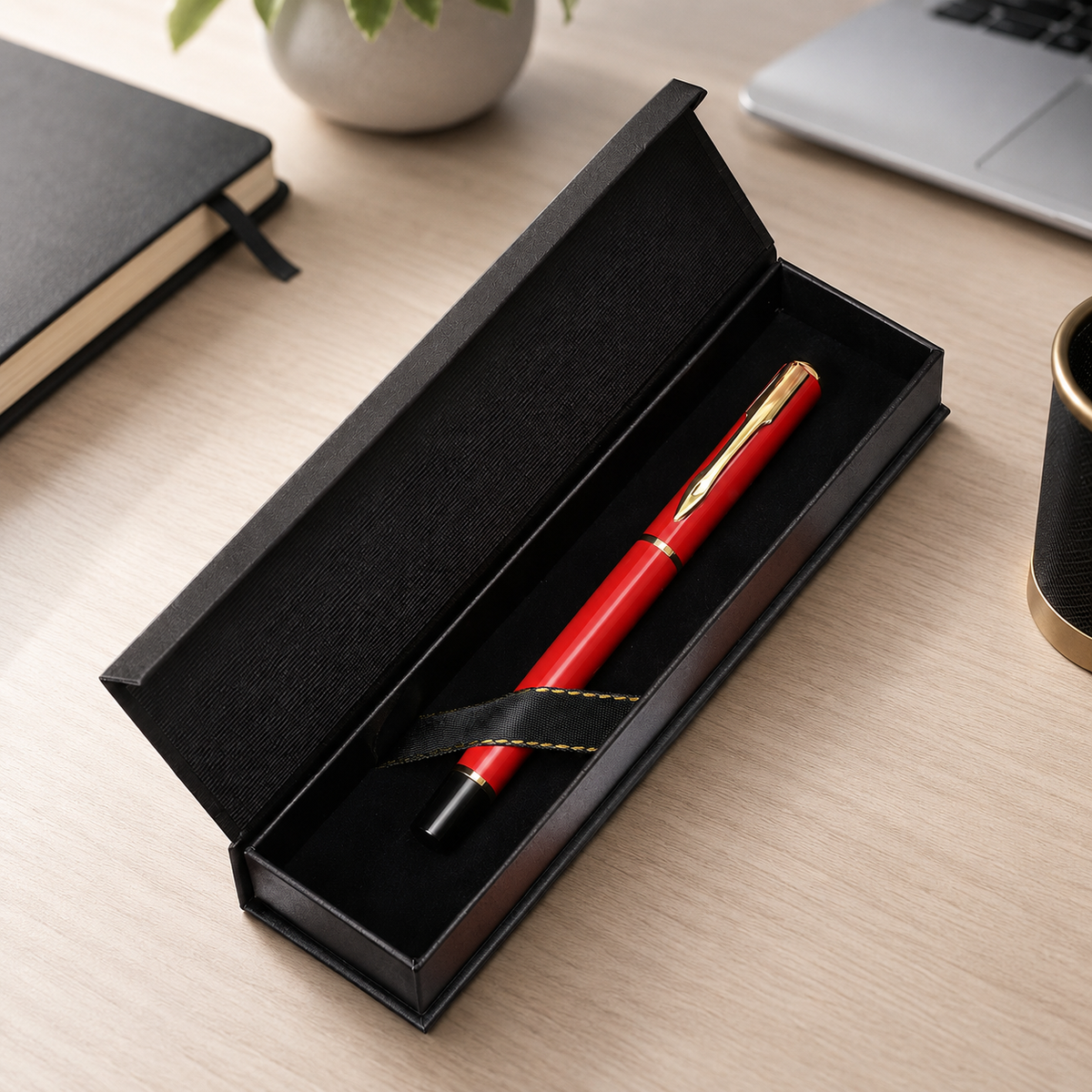 Open black magnetic pen gift box holding a red fountain pen