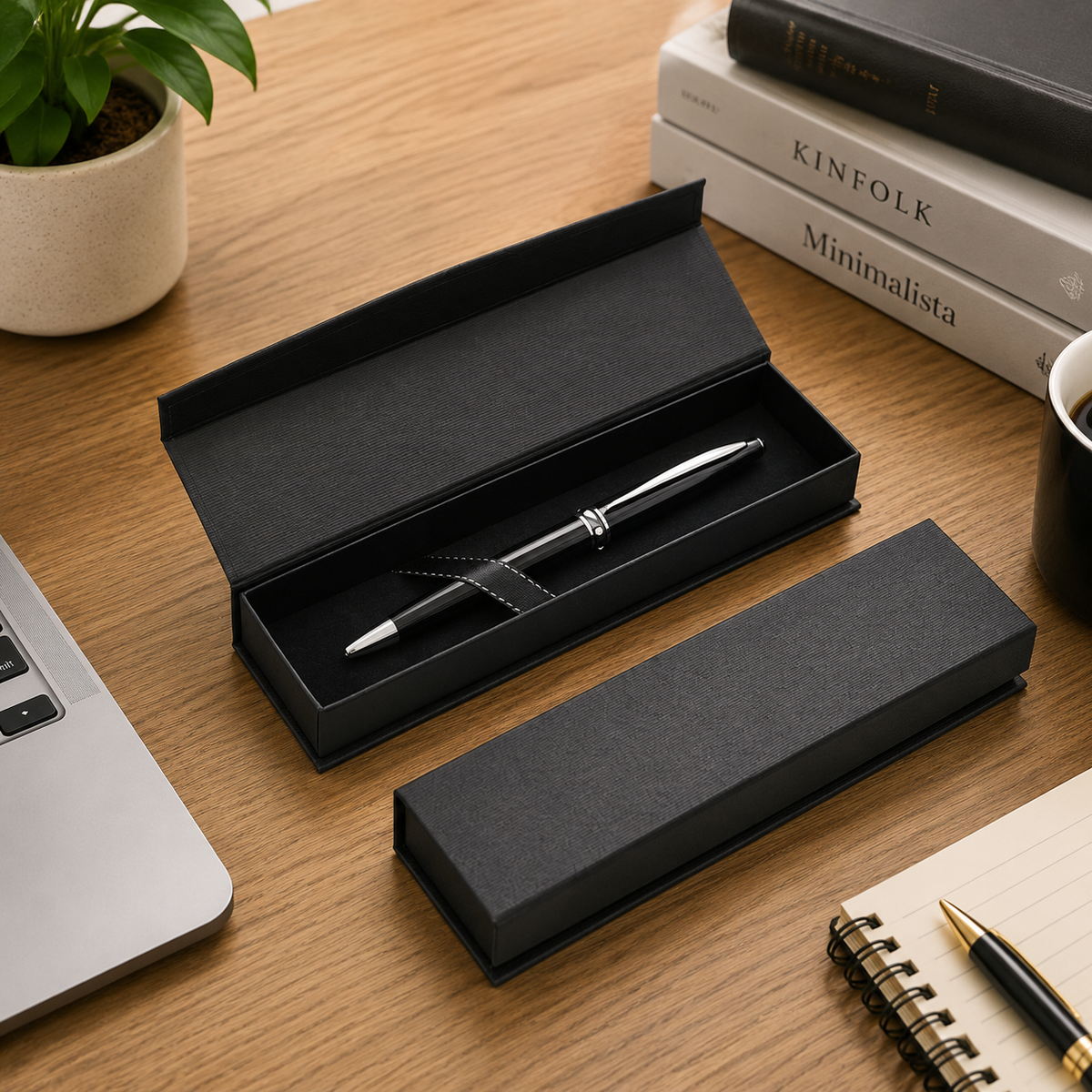 Black pen gift box with silver-trim fountain pen
