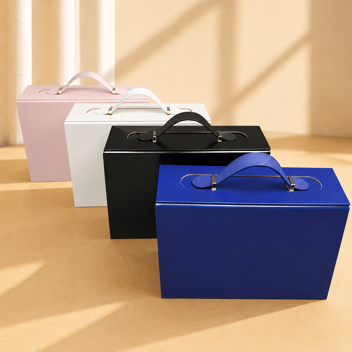 Pink white black and blue handled folding gift boxes