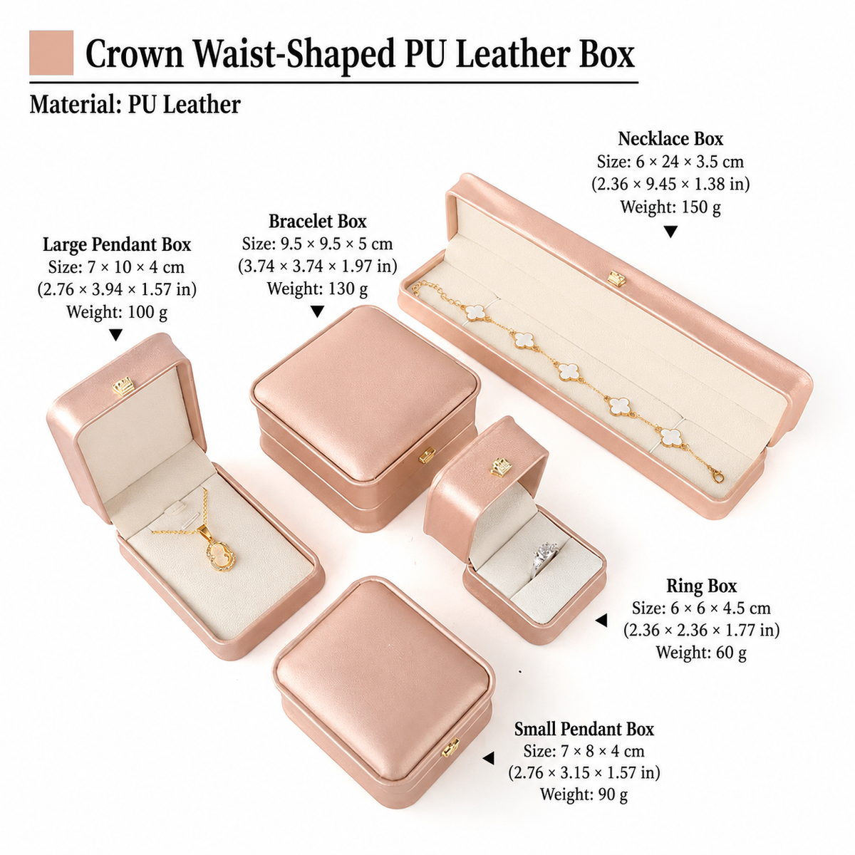Champagne crown-shaped jewelry box set with dimensions