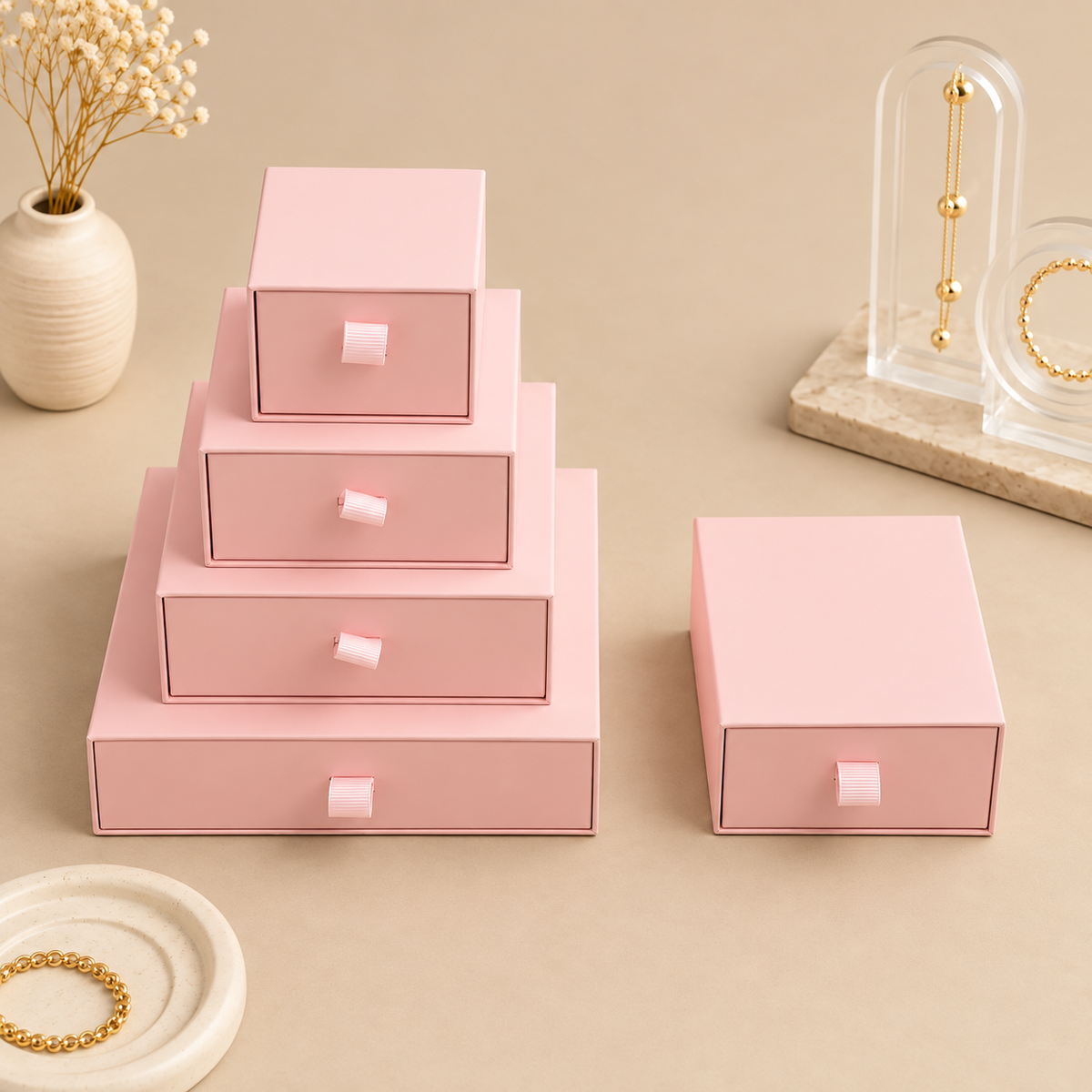 Pink specialty paper drawer jewelry boxes in five sizes