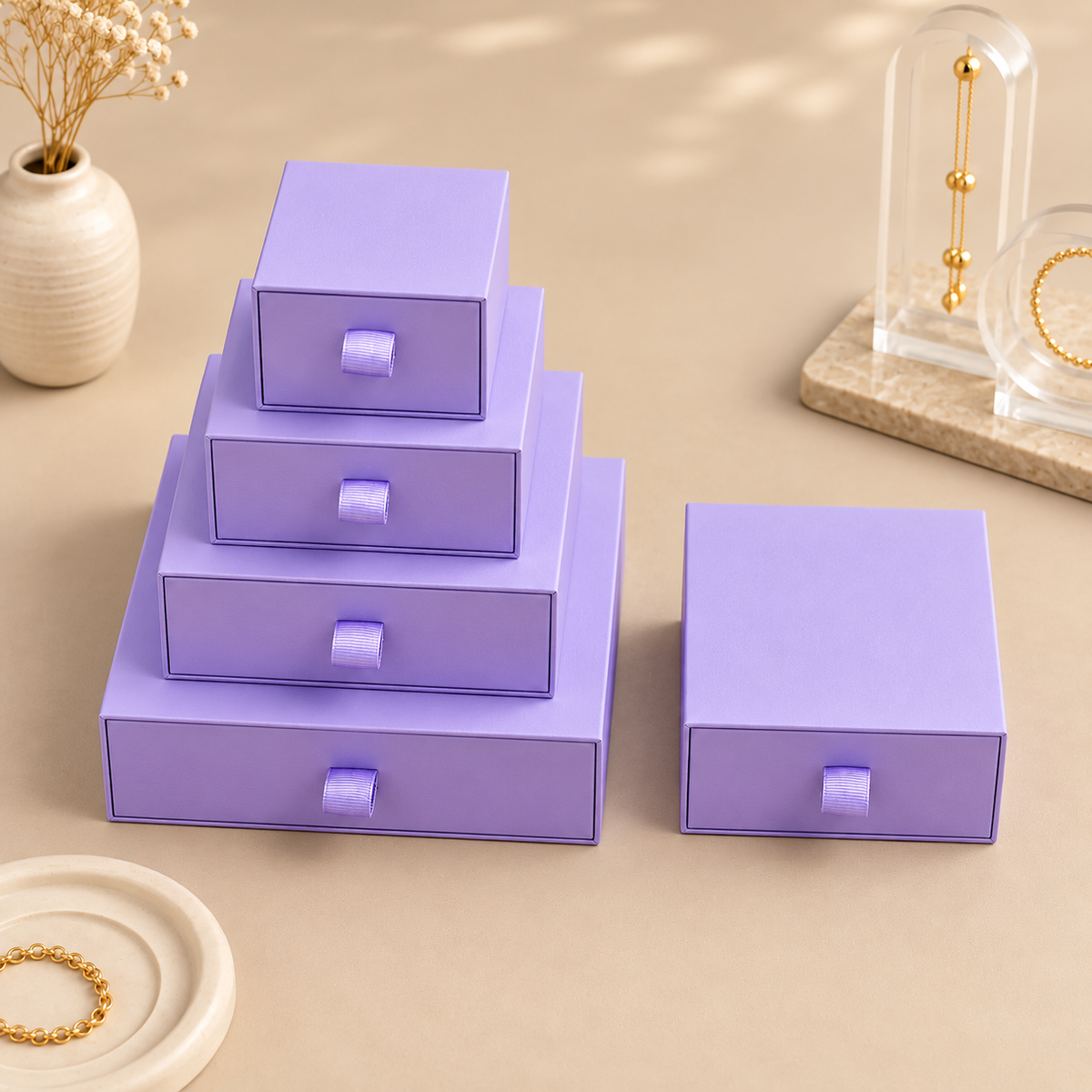 Purple specialty paper drawer jewelry boxes in five sizes