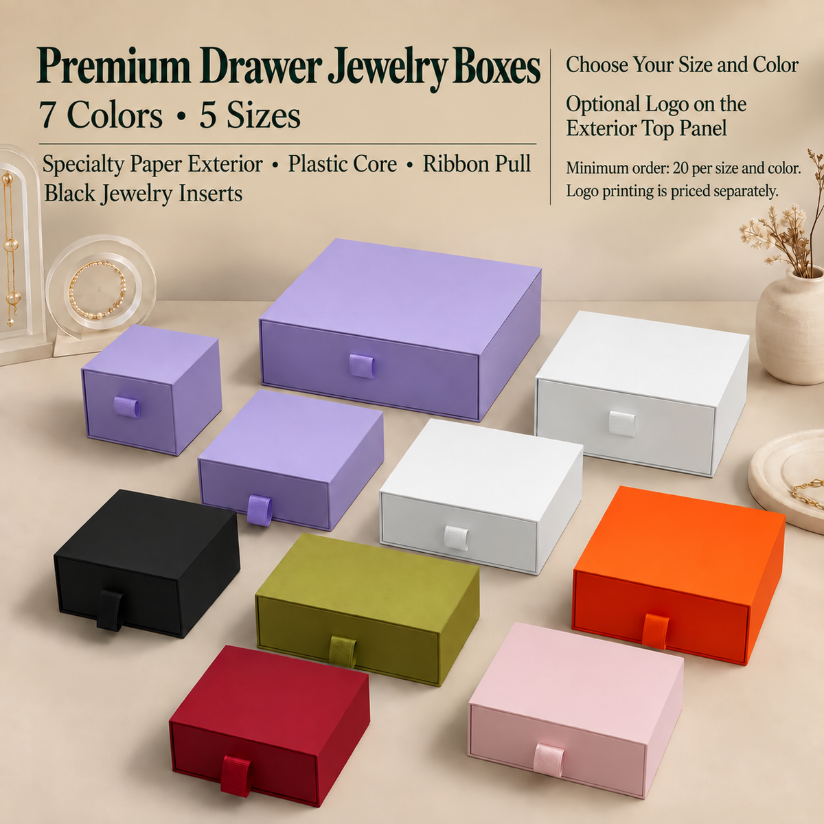 Drawer jewelry boxes in black white orange pink purple grass green and red with ribbon pulls