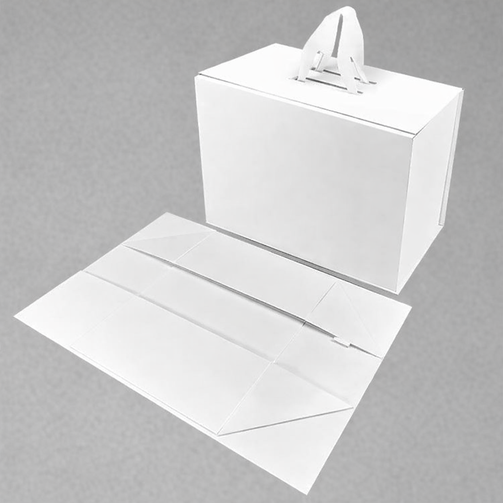 White folding gift box with handle shown assembled and flat