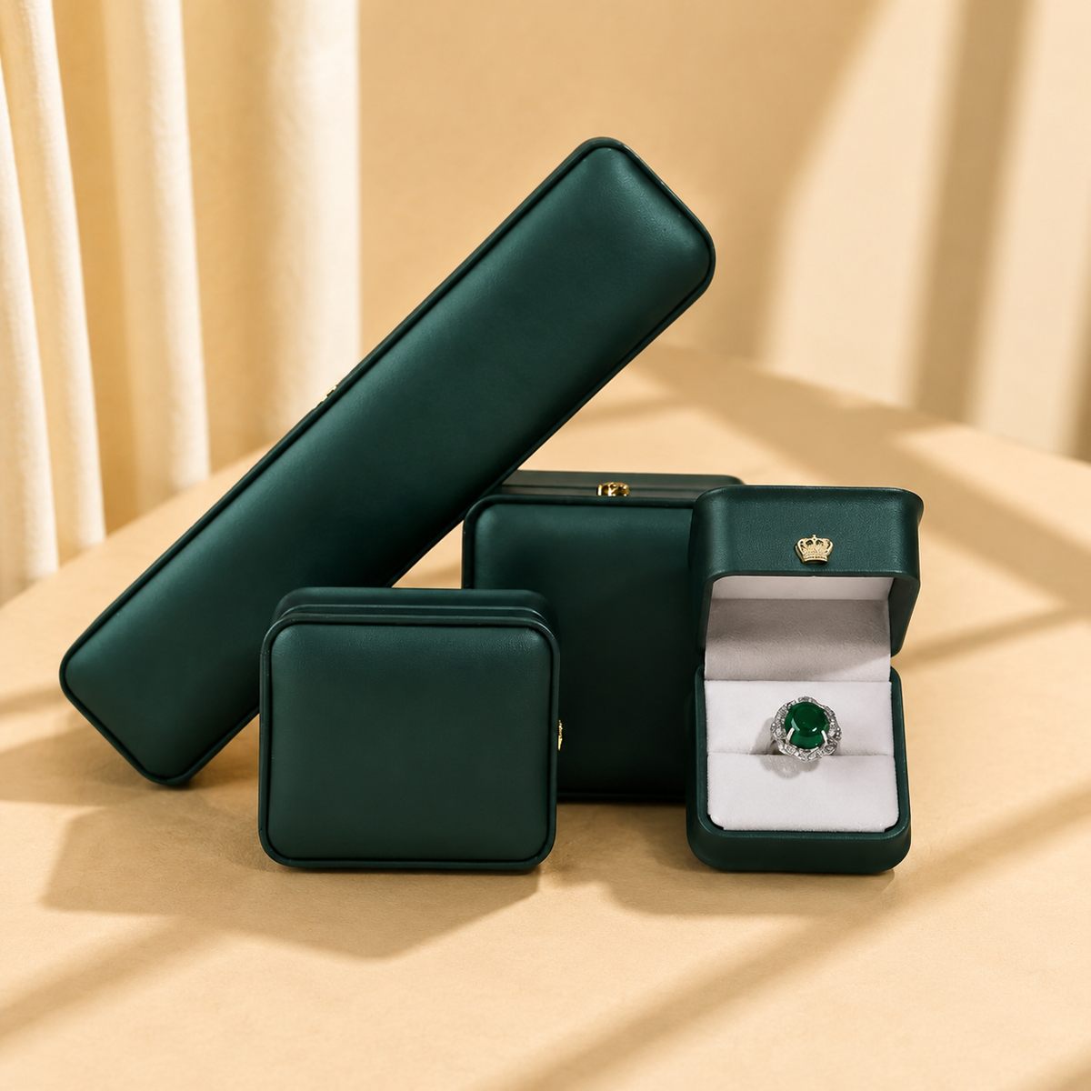 Dark green crown PU leather jewelry box set with ring and necklace boxes