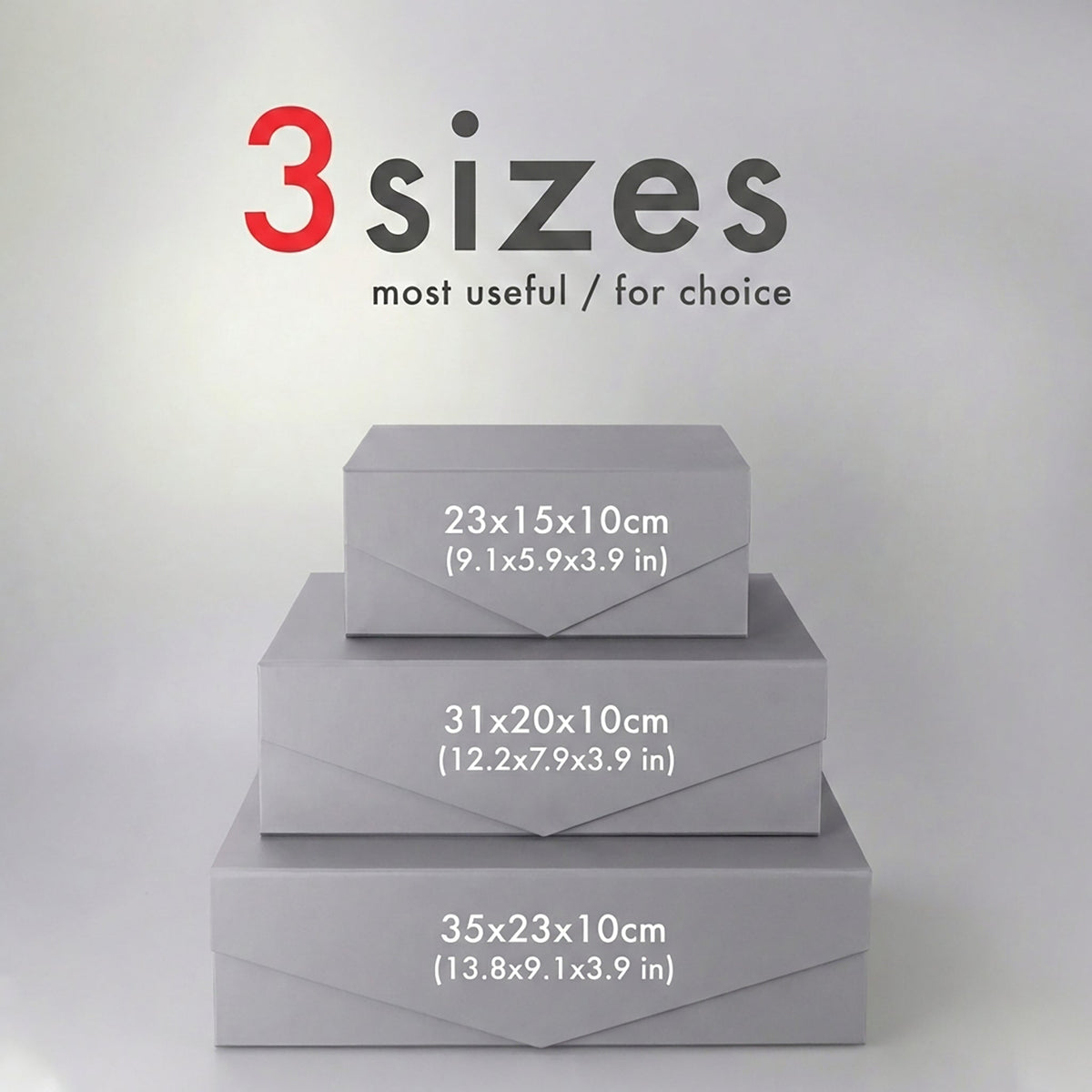 Three-size magnetic folding gift box comparison graphic