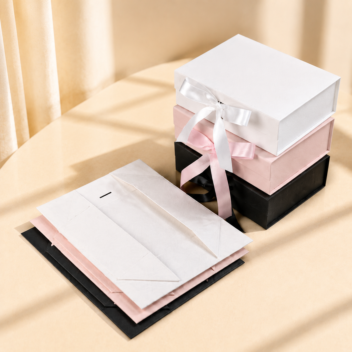 White, pink, and black ribbon folding gift boxes shown assembled and flat