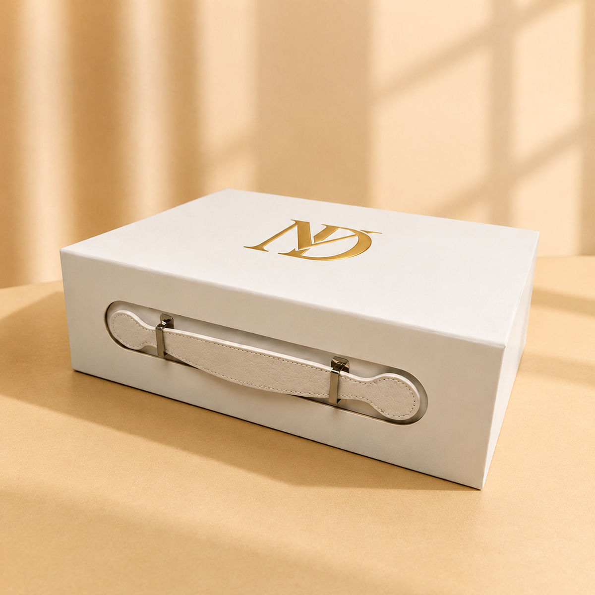 White handled folding gift box with gold monogram