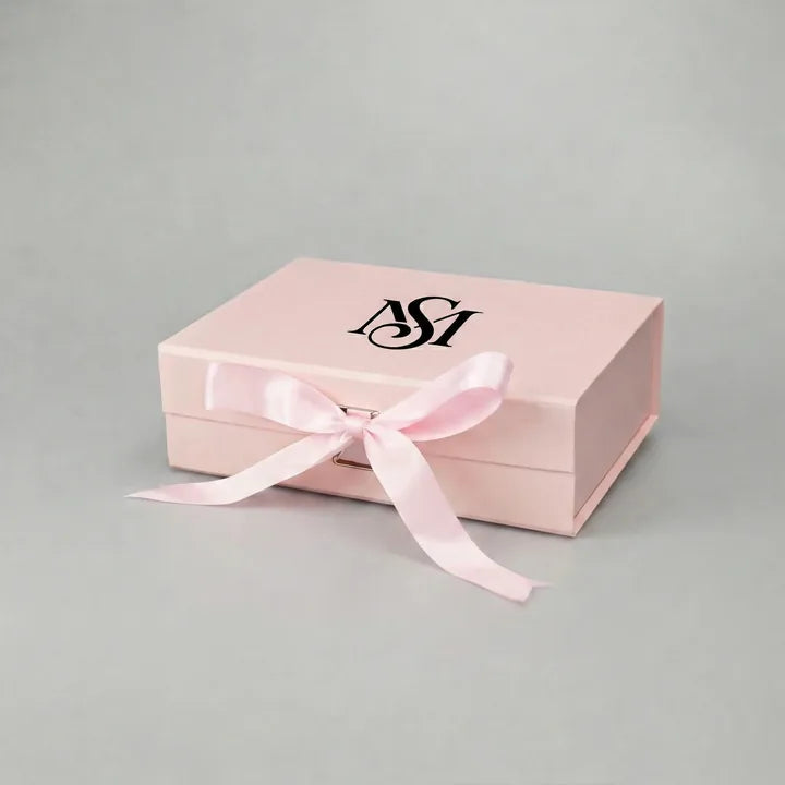 Black foil logo printing on a light rigid gift box