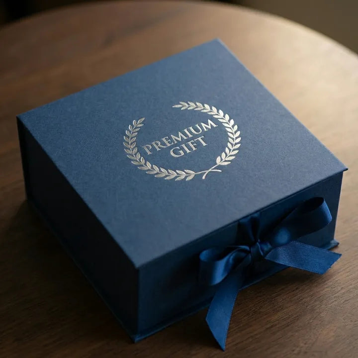 Silver foil logo printing on a rigid gift box
