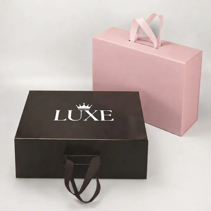 White foil logo printing on a dark rigid gift box