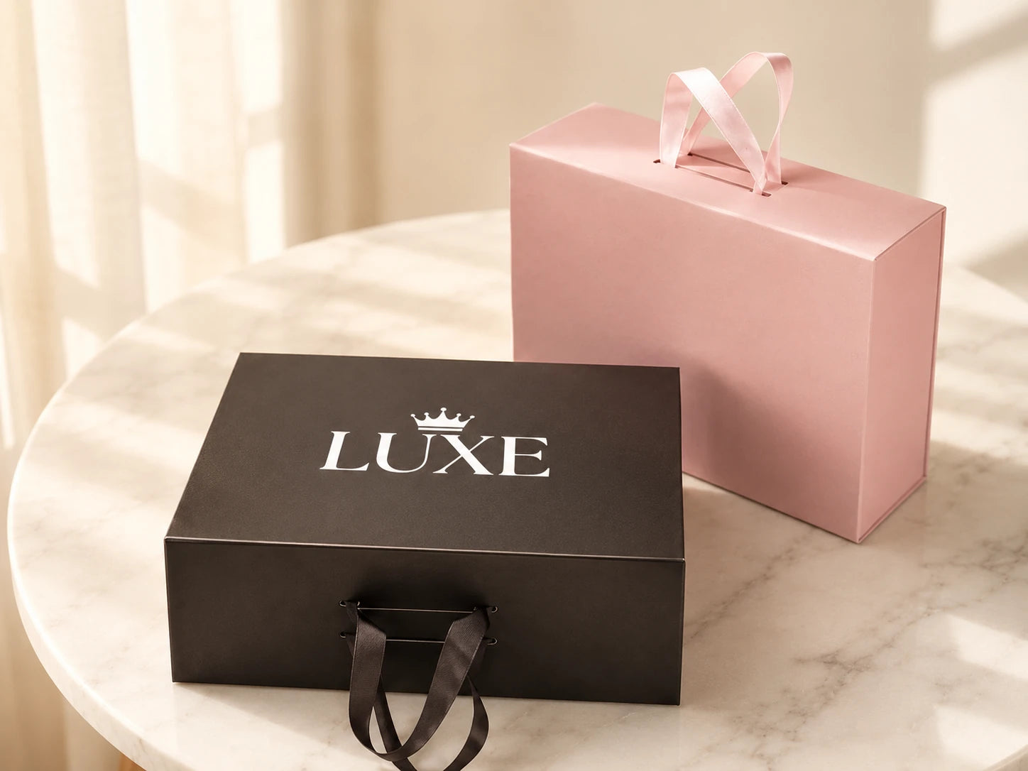 Black and pink handled folding gift boxes available for U.S. orders